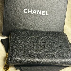 Authentic CHANEL Textured Black Wallet with Gold Accent